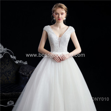 Long Train Lace sleeveless backless puffy short Wedding Dress Bridal Gowns